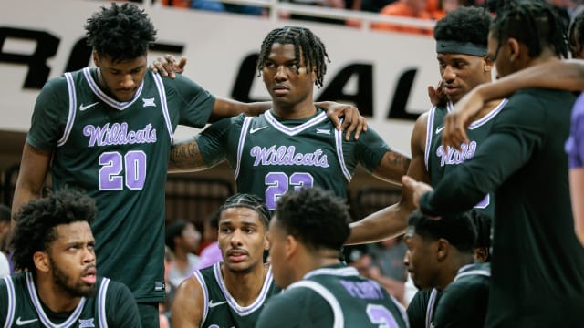 Feb 3, 2024; Stillwater, Oklahoma, USA; Kansas State Wildcats huddle during a time out in the second half against the Oklahoma State Cowboys at Gallagher-Iba Arena. Mandatory Credit: William Purnell-USA TODAY Sports  